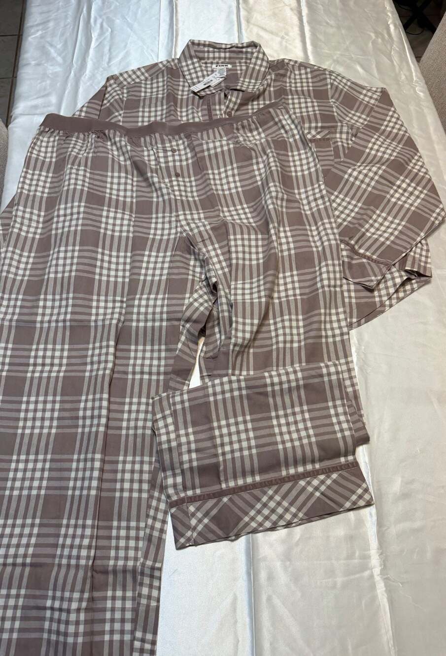 Pink Victoria's Secret Plaid 2-Piece Pajama Set Brown White XXL